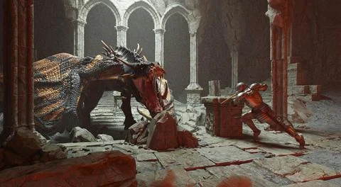 Fantasy battle scene with dragon attacking medieval knight 3d illustration Stock-Illustration