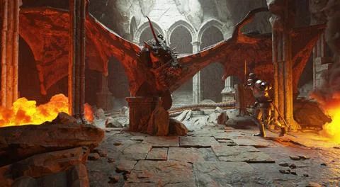 Fantasy battle scene with dragon attacking medieval knight 3d illustration Stock Illustration