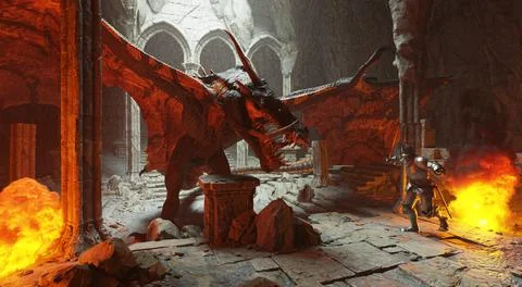 Fantasy battle scene with dragon attacking medieval knight 3d illustration Stock Illustration