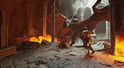 Fantasy battle scene with dragon attacking medieval knight 3d illustration Stock Illustration
