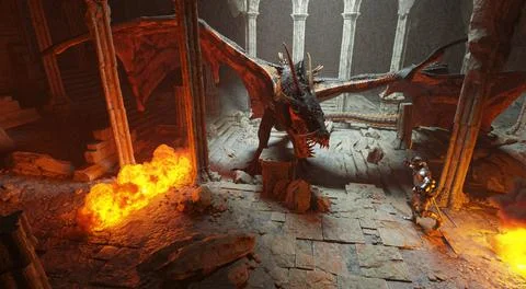 Fantasy battle scene with dragon attacking medieval knight 3d illustration Stock Illustration