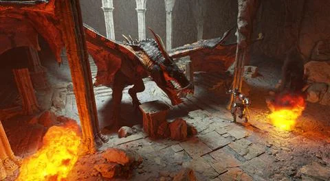 Fantasy battle scene with dragon attacking medieval knight 3d illustration Stock Illustration