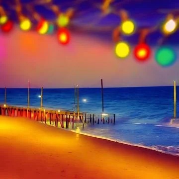 Fantasy beach and pier scene ocean and sky colorful Stock Illustration