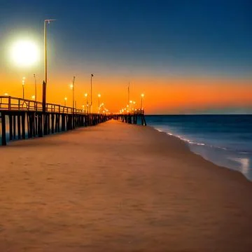 Fantasy beach and pier scene ocean and sky looking down sand string lights Stock Illustration