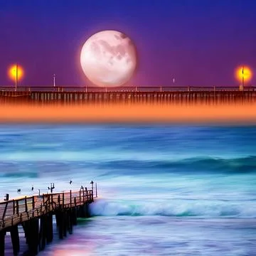 Fantasy beach and pier scene ocean and sky glowing moon distant pier Stock Illustration
