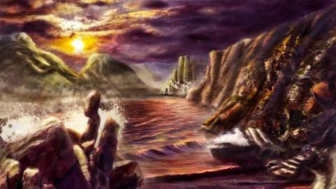 Fantasy beach cliff landscape at sunset matte painting illustration Illustrazione stock