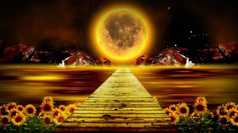 Fantasy beautiful ocean view. Wooden bridge, full moon, and blooming sunflowers. Stock Footage 156323053