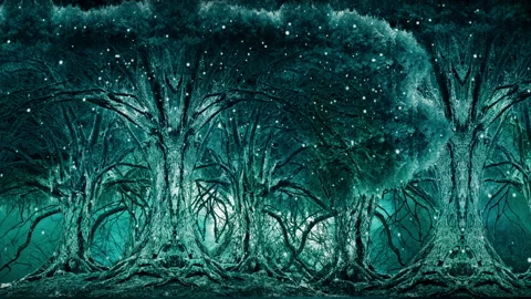 Fantasy beautiful scenery Big tree with snow falling Stock Footage 163486180
