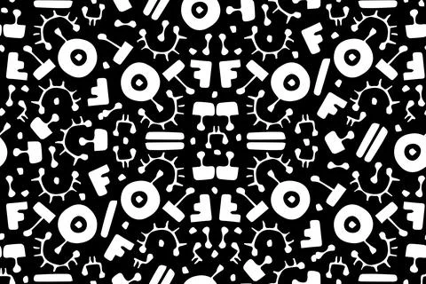 Fantasy black white seamless pattern on black background. Vector hand drawn Stock Illustration