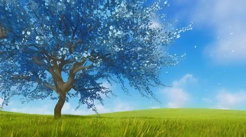Fantasy blue sakura cherry tree in full blossom 3D Stock Illustration