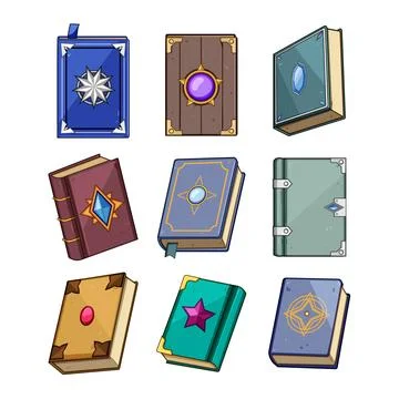 Fantasy book collection featuring magic spell tomes Stock-Illustration