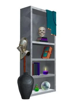 Fantasy bookcase with magic things vector illustration Illustrazione stock