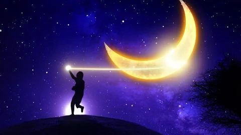 Fantasy boy running while running pulling crescent moon 스톡 동영상 166007395