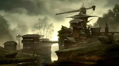 Fantasy building over flowing creek. Stock Footage