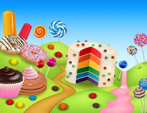 Fantasy candy land with Rainbow cake Stock Illustration