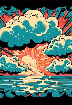 Fantasy cartoon blue clouds in orange sky abstract background. Illustrazione stock