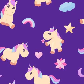 Fantasy cartoon seamless pattern with cute baby unicorn for textile design. Stock Illustration