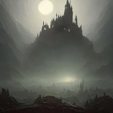 Fantasy Castle on another planet , drammatic lighting Illustrazione stock