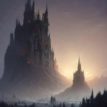 Fantasy Castle on another planet , drammatic lighting Stock Illustration