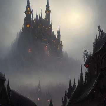 Fantasy Castle on another planet , drammatic lighting Illustrazione stock