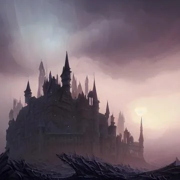 Fantasy Castle on another planet , drammatic lighting Illustrazione stock
