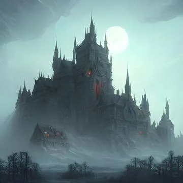 Fantasy Castle on another planet , drammatic lighting Illustrazione stock