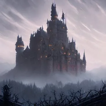 Fantasy Castle on another planet , drammatic lighting Illustrazione stock