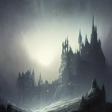 Fantasy Castle on another planet , drammatic lighting Illustrazione stock