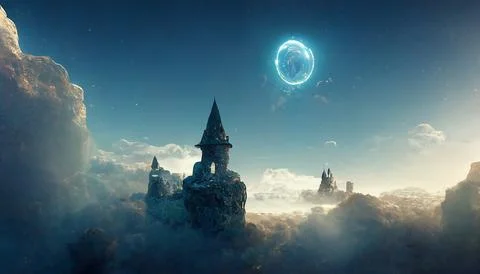 Fantasy Castle In the Clouds, Magic Portal In The Sky Stock Illustration