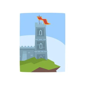 Fantasy castle on edge of cliff. Medieval castle icon. Historical architecture Stock Illustration