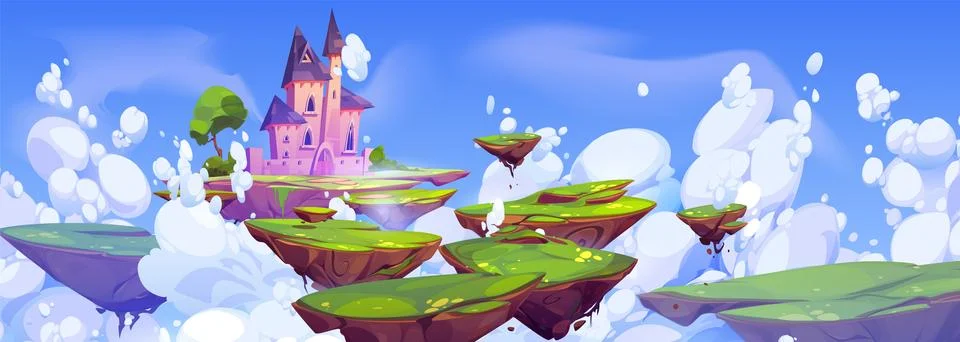 Fantasy castle on floating island in sky cartoon Stock Illustration
