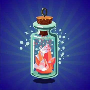 Fantasy catoon bottle with crystal. Bright magic stone. Game design concept. Stock Illustration