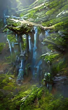 Fantasy celtic forest ice waterfall. Artistic surreal oil painting Stock-Illustration