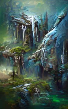 Fantasy celtic forest ice waterfall. Artistic surreal oil painting Stock Illustration