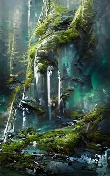 Fantasy celtic forest ice waterfall. Artistic surreal oil painting Stock Illustration