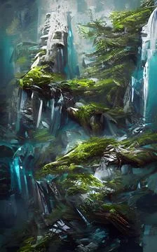 Fantasy celtic forest ice waterfall. Artistic surreal oil painting Stock Illustration