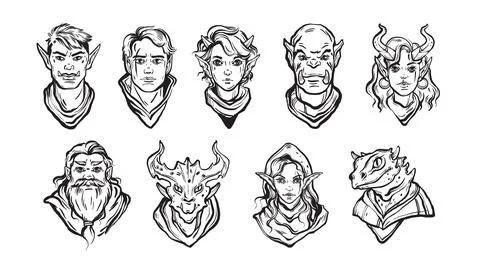 Fantasy character face collection, vector dungeon dragon game avatar set Stock Illustration
