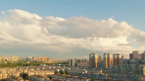 Fantasy City Delayed Beautiful Dusk Blue Sky and White Cloud Oil Painting Style Stock Footage 274113996