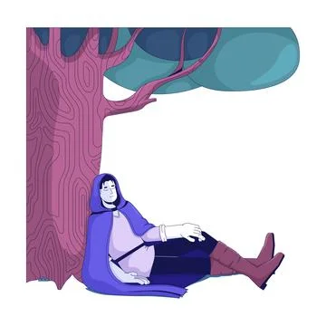 Fantasy cloak man resting peacefully beneath tree 2D cartoon character 库存插图