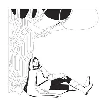 Fantasy cloak man resting peacefully beneath tree 2D line character 库存插图