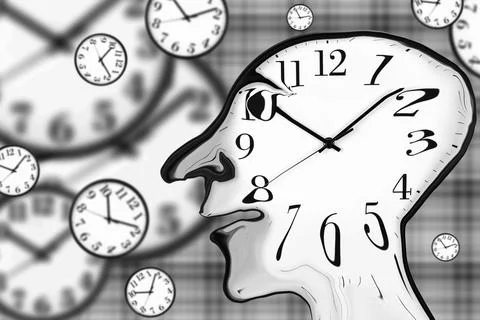 Fantasy Clock Face Man, Surreal concept image. 3d rendering Stock Illustration
