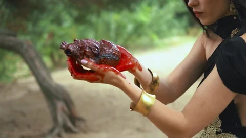 Fantasy close-up portrait of female hands holding bloody heart, piece of meat Video stock 311941889