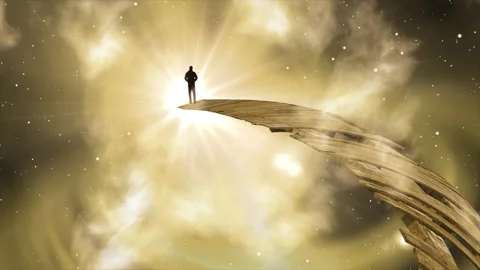 Fantasy Cloudscape with a bridge soaring into the sky with a man standing at the Stock Footage 185509922