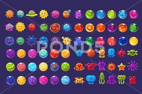 Fantasy colorful icons, collection for game design, microbe, ufo, sea creatures Stock Illustration