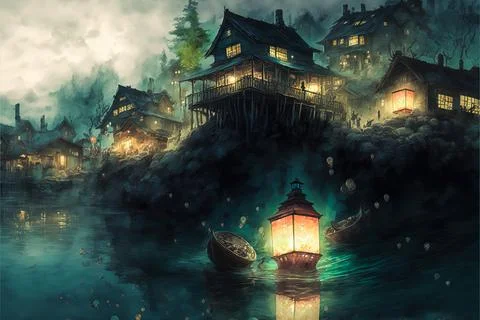 Fantasy concept art featuring a Japanese fishing village Stock Illustration
