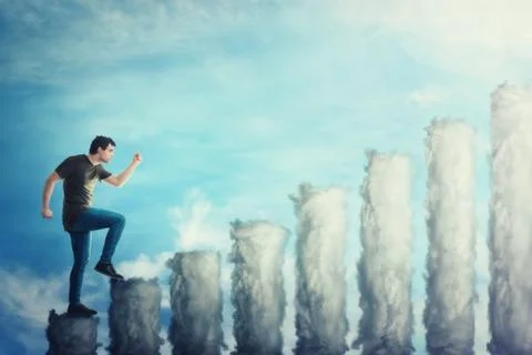 Fantasy concept as a confident guy stepping on a staircase as a graph made of Photos