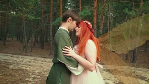 Fantasy couple King man elf embrasing with love woman bride. Themed wedding Stock Footage 243562447