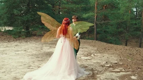 Fantasy couple King man elf kissing face lips of happy fairy woman bride pixie Video stock 311835642