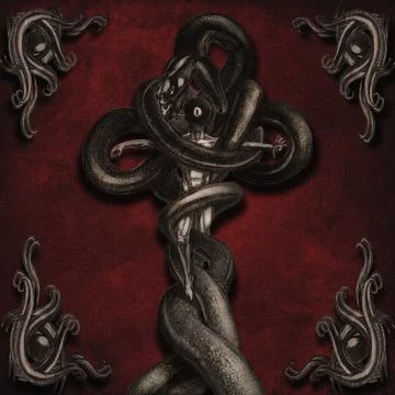 Fantasy cover man and serpent with ornament on a red background Stock-Illustration