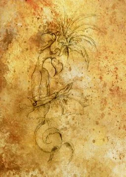 Fantasy creature on flower, pencil drawing on abstract background. Illustrazione stock